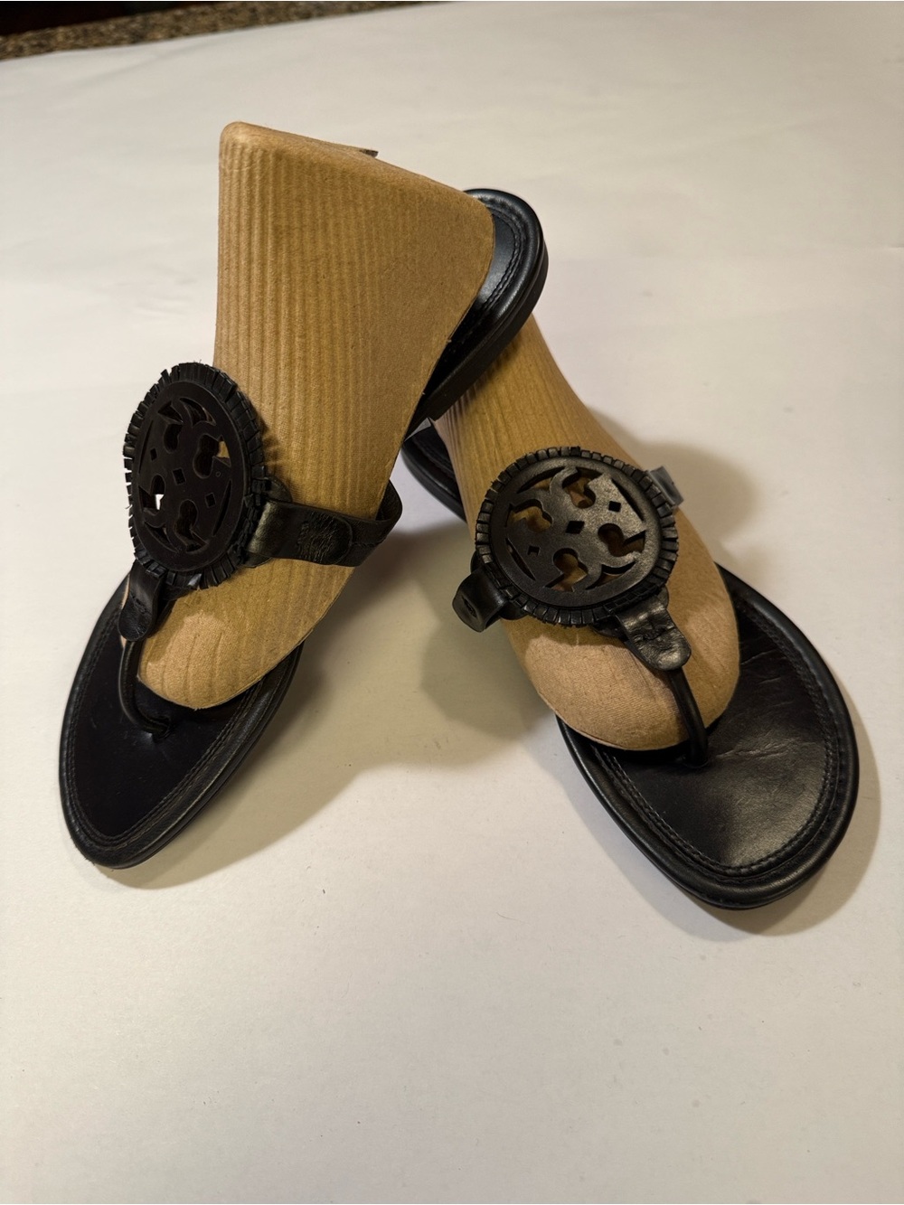 Tory Burch Black Leather Logo Thong Sandals